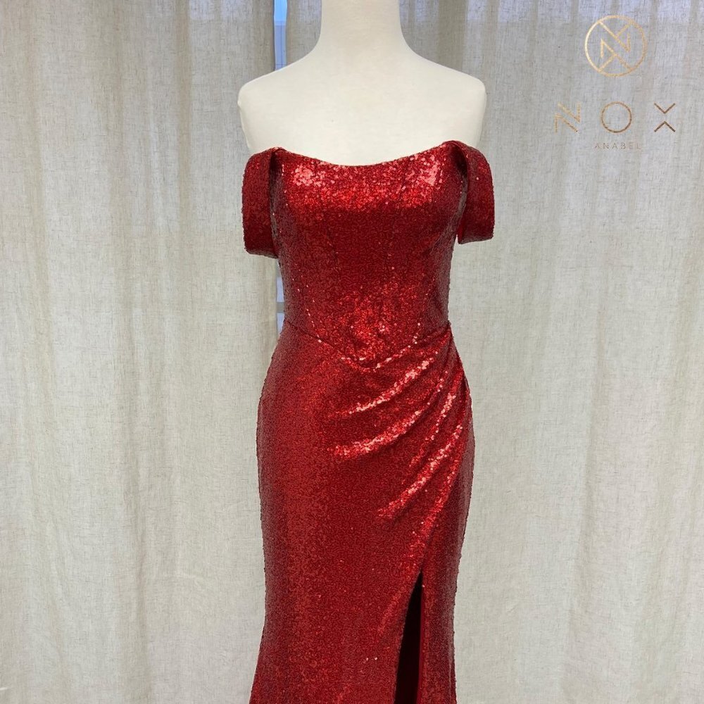 NEW LONG OFF THE SHOULDER EMBROIDERED SEQUIN DRESS WITH ZIPPER BACK NX R1203